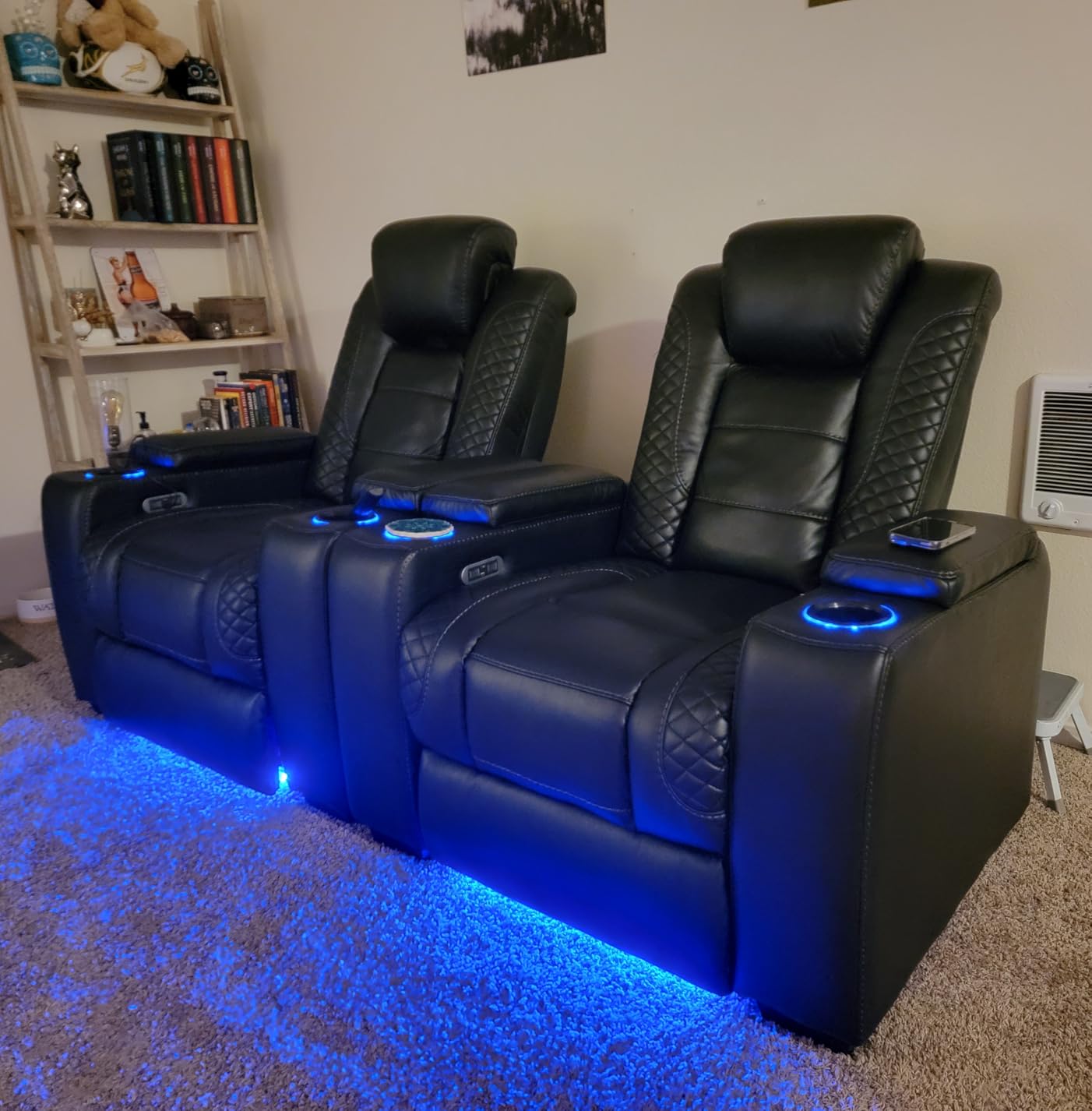 ANJ Power Recliner Home Theater Seating, Electric Recliner Chair with Adjustable Headrest, PU Leather Dual Motor Movie Reclining Chairs with Cup Holders LED Lights, USB Port, Hidden Arm Storage (Black) customer photo 1