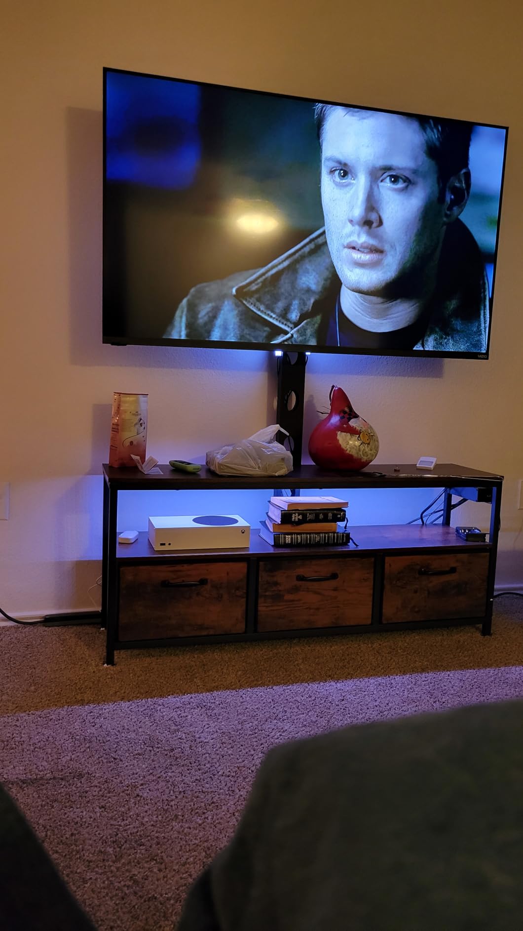 JUSTOGO TV Stand with Mount, Entertainment Center for 55 60 65 inch, Brown | TV Console with Drawers & Led Lights, AC Outlets & USB Ports, For Living Room, Bedroom, Height Adjustable, Swivel TV Cabinet customer photo 1