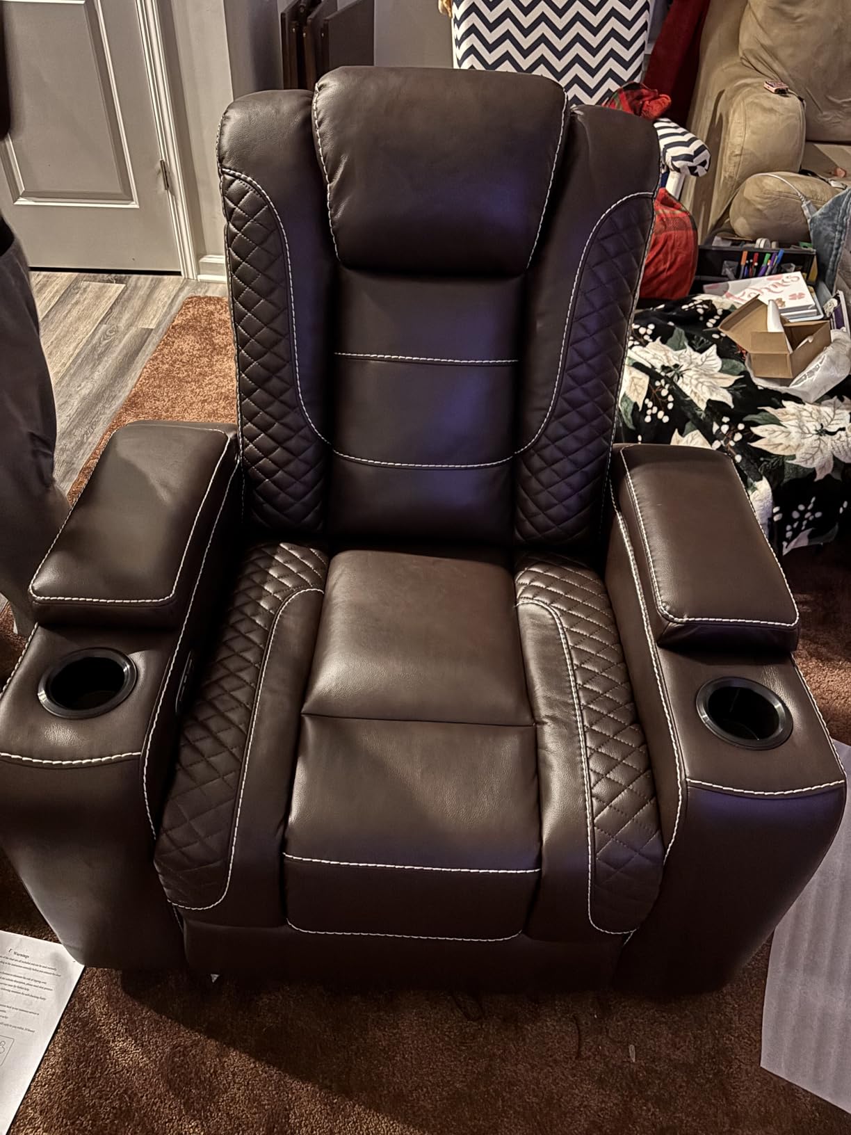 ANJ Power Recliner Chair with USB Port, Electric PU Leather Home Theater Seating for Living Room, Movie Reclining Chairs with Blue Ambient Lighting, Hidden Arm Storage, Cup Holders (Black) customer photo 2