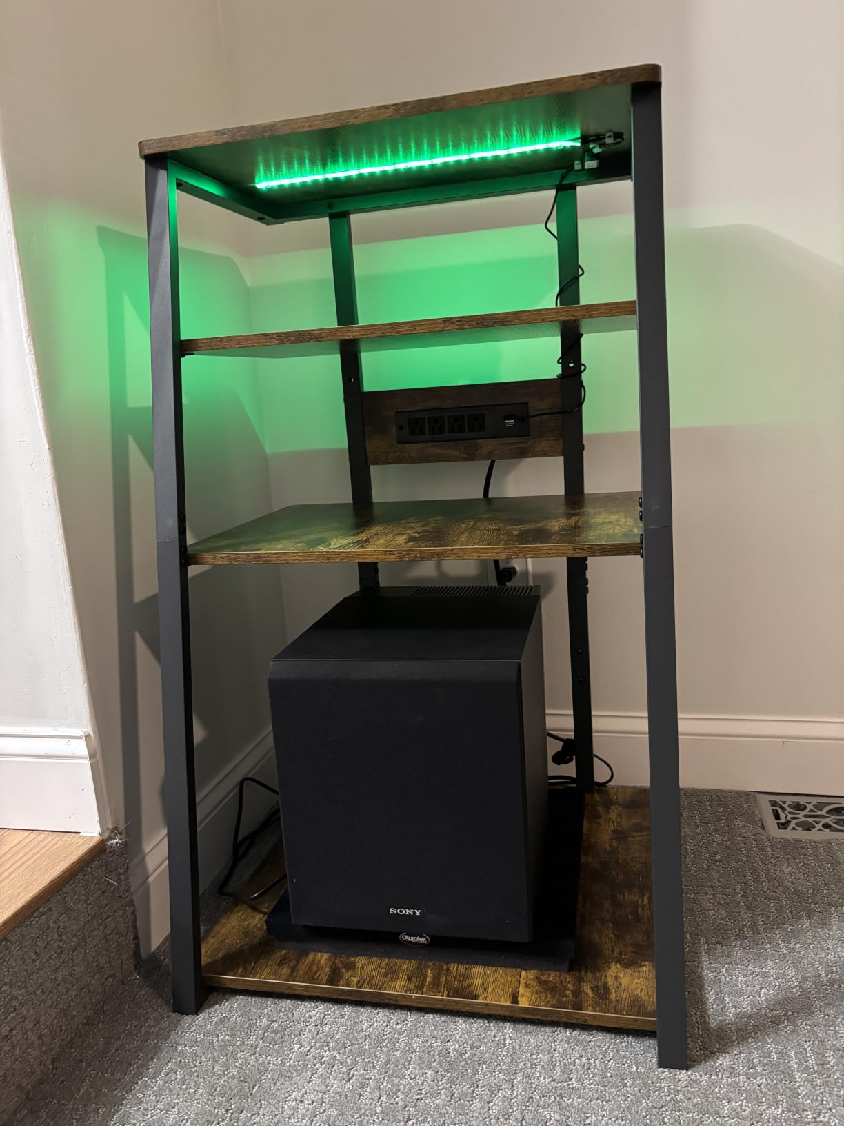 Armocity 4-Tier AV Media Stand with Power Strips, Stereo Stand with LED Lights, Rack Audio Tower with Adjustable Shelves, Small Entertainment Center, 30'', Black Ebony customer photo 1