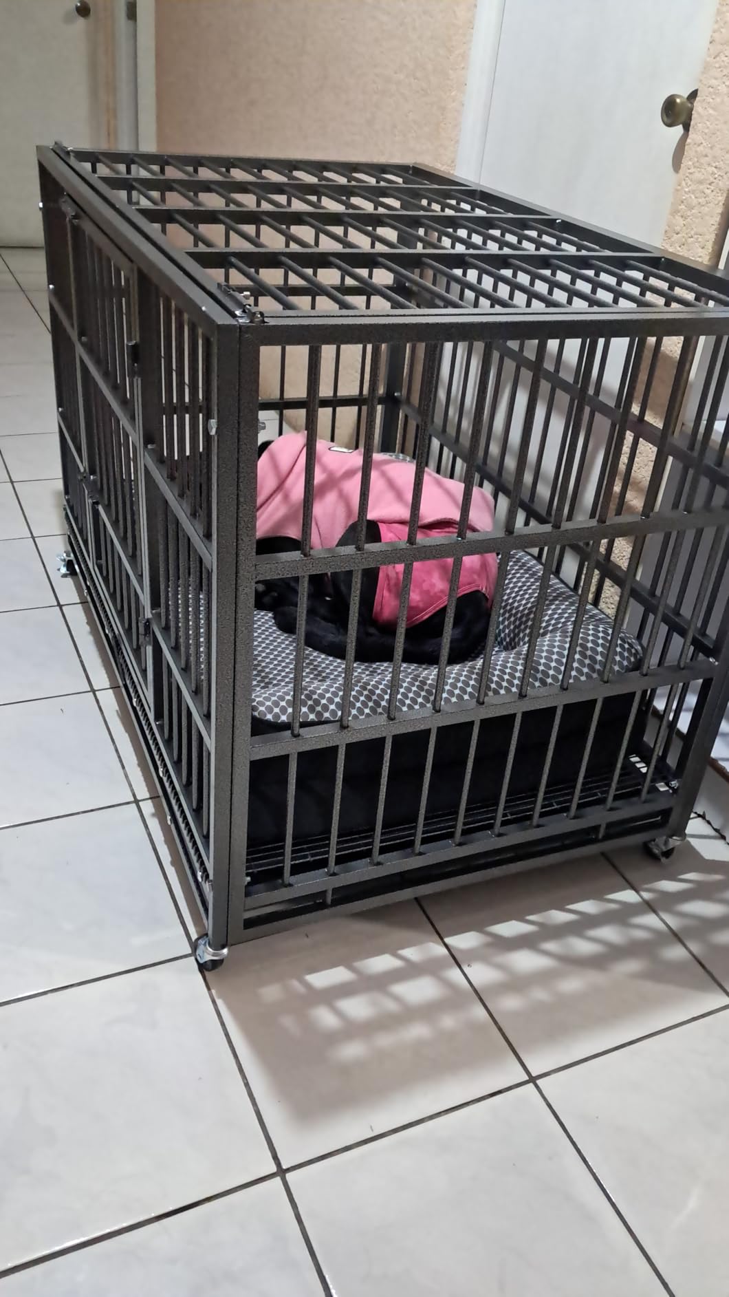 KOKOTANGS 48 Inch Heavy Duty Dog Crate Cage with Wheels, Indestructible and Escape Proof Steel Kennel Indoor for High Anxiety Dogs with Sturdy Locks, Double Door and Tray, Extra Large XL XXL, Black customer photo 2
