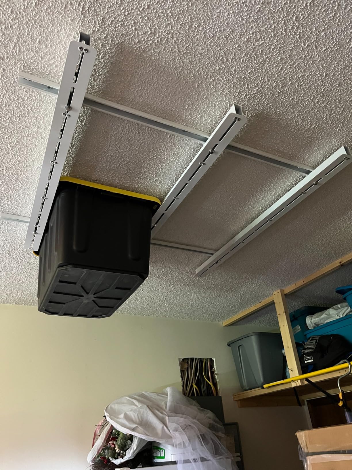 TORACK Garage Ceiling Bin Storage Rack, Overhead Tote Storage Rail System Heavy Duty Adjustable Tote Slide Rails Garage Bins Storage System(White, Bins are not included) customer photo 2