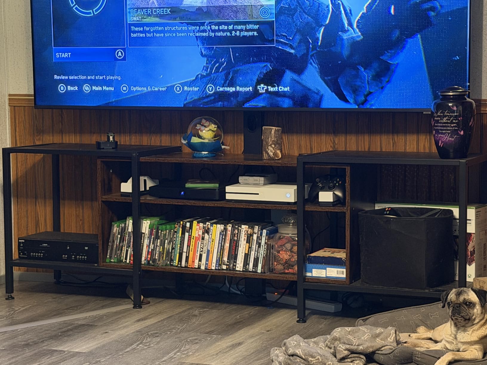 IRONCK 79 Inch TV Stand for TVs up to 85 Inch with Mount and Power Outlet, 3 Tiers TV Console with Storage Shelves, Entertainment Center, Steel Frame, for Living Room, Bedroom, Black customer photo 2