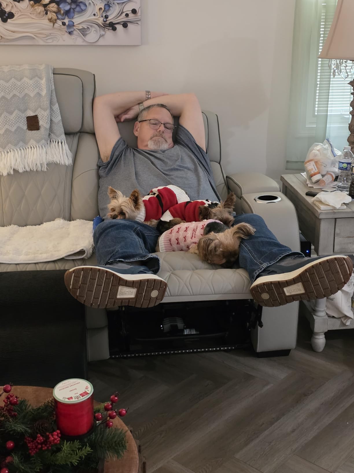Signature Design by Ashley Boyington Zero Gravity Power Recliner, Gray | Leather match upholstery, Built-in air massage, Heated seat, Adjustable headrest, Dual cup holders, Home theater design customer photo 1
