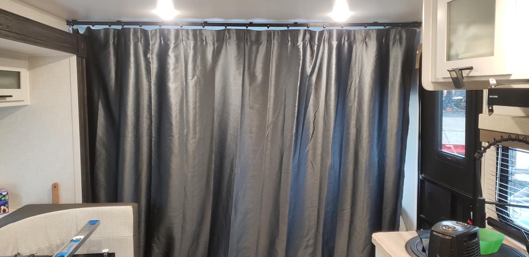 MaKefeile Room Divider Curtains with Flexible Ceiling Curtain Tracks Set, 100% Blackout Floor to Ceiling Curtains Patio Sliding Door Curtains (Black Drape & Black Rail W 8.3 × H 7 FT) customer photo 2