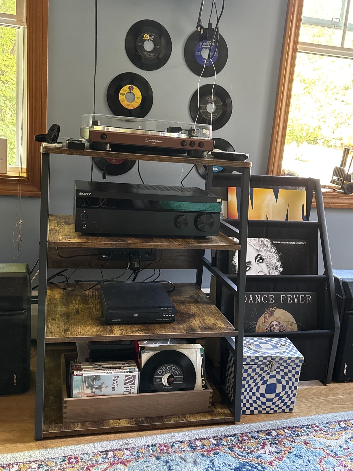 Besiost AV Media Stand with Outlets, Media Console with LED Lights, Stereo Racks and Stands with Storage Shelves, Media Audio Tower Cabinet, Rustic Brown customer photo 2