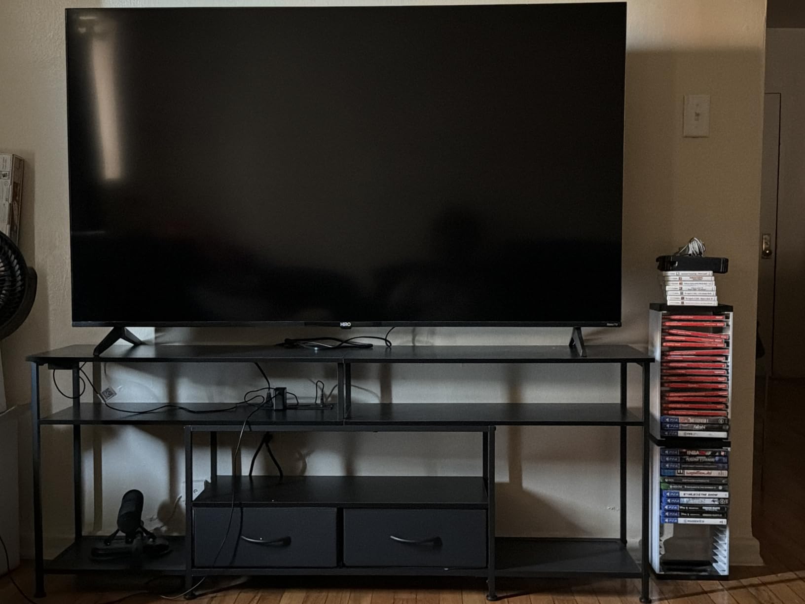 Huuger 63 Inch LED TV Stand for 65 70 Inch TV, Entertainment Center with Open Shelves and Power Outlets, TV Console for Living Room, Media Console with Drawers, Black customer photo 1