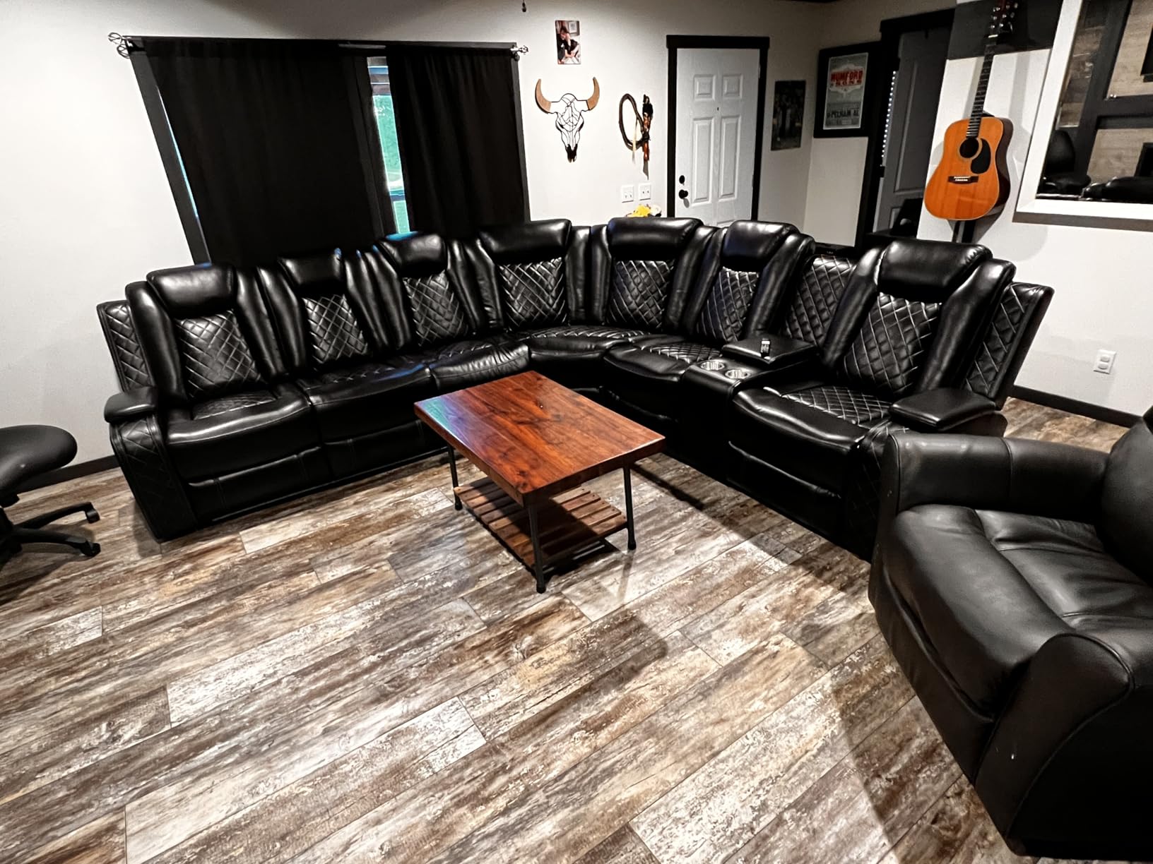 Power Recliner Sofa Sectional Couch with LED Light for Living Room, Leather Reclining Corner Sectional Sofa with 2 Recliner Seats, Cup Holder, Storage Console for House/Home Theater, Black customer photo 2