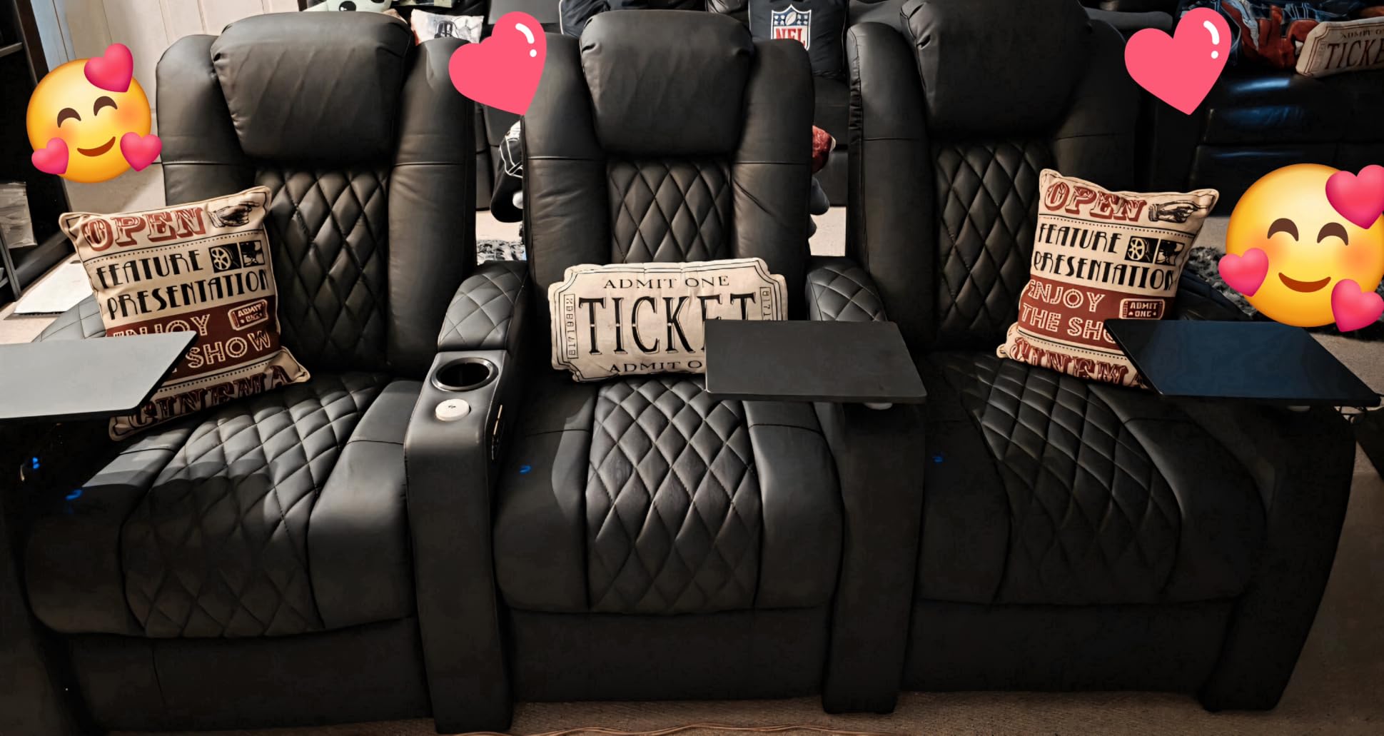 comfiroom Top-Grain Leather Home Theater Seating, Dual-Motor Power Recliner | Classic Series Black Zero Gravity Motorized Theater Chair with USB-C Charging, Adjustable Headrest, Tray Table, Row of 4 customer photo 1