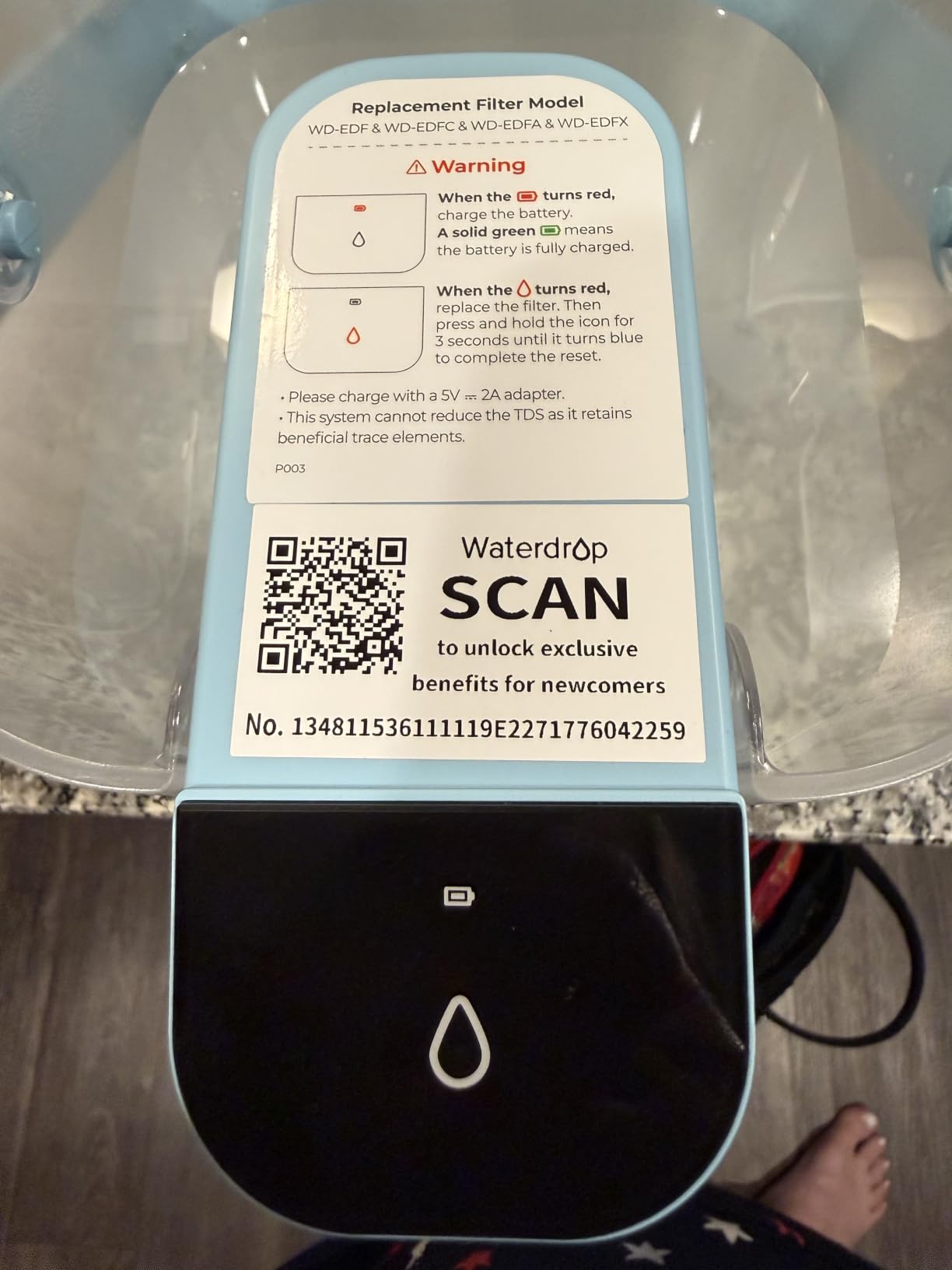 Waterdrop ED01W Electric Water Filter Pitcher, NSF/ANSI 42&53&401&372, White | 200-Gallon Long-Life, Reduce 99.6% of Lead and 45+ Impurities, 15-Cup, Rechargeable Instant Dispenser, Does not Lower TDS customer photo 2