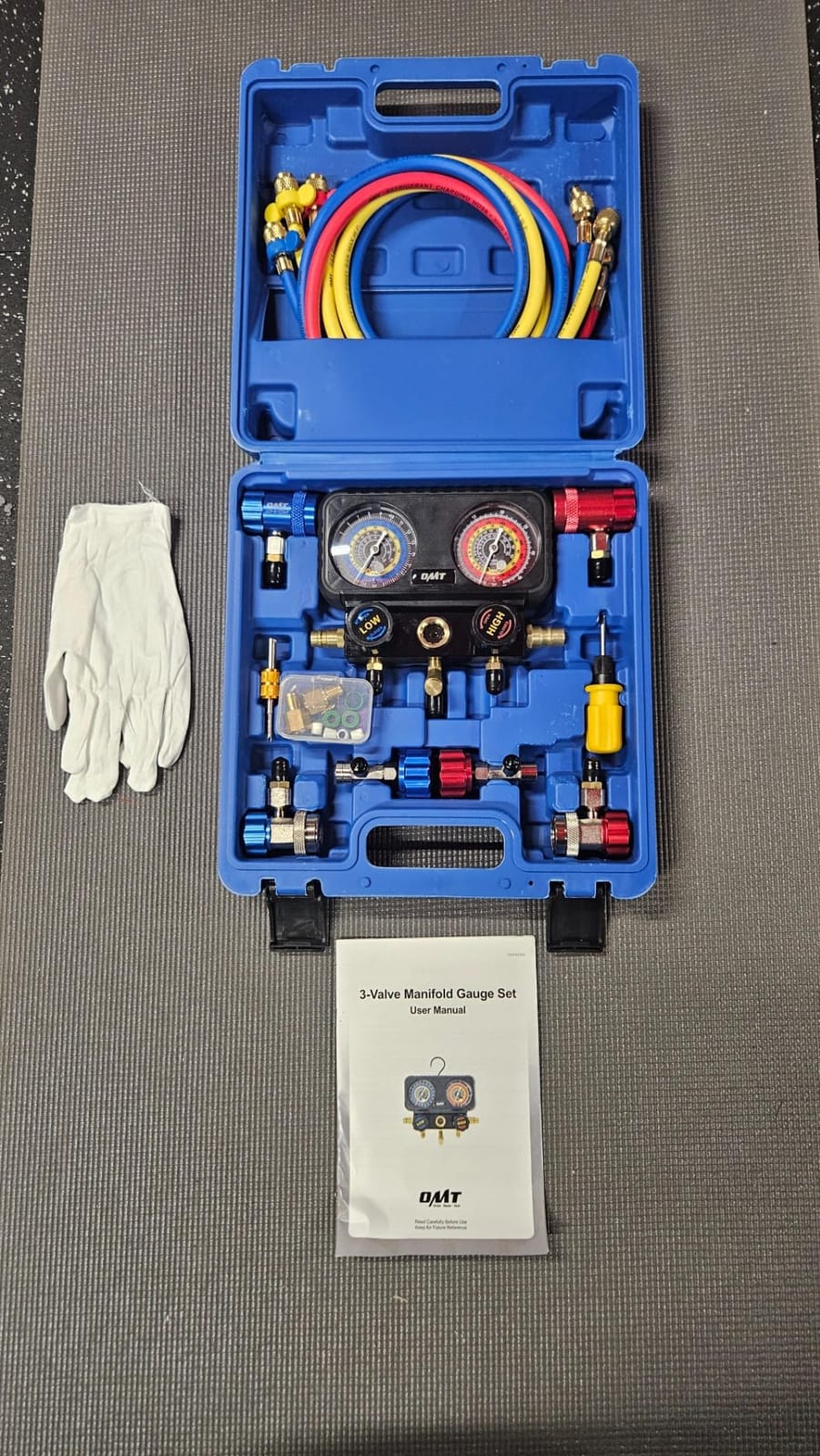 OMT 4-Way AC Manifold Gauge Set for R1234yf R134a R404a with 5ft Hoses | Includes Quick Couplers Self Sealing Can Taps for Car Freon Charging & Evacuation; Aluminum Body; Ideal for Freon Recharge customer photo 2