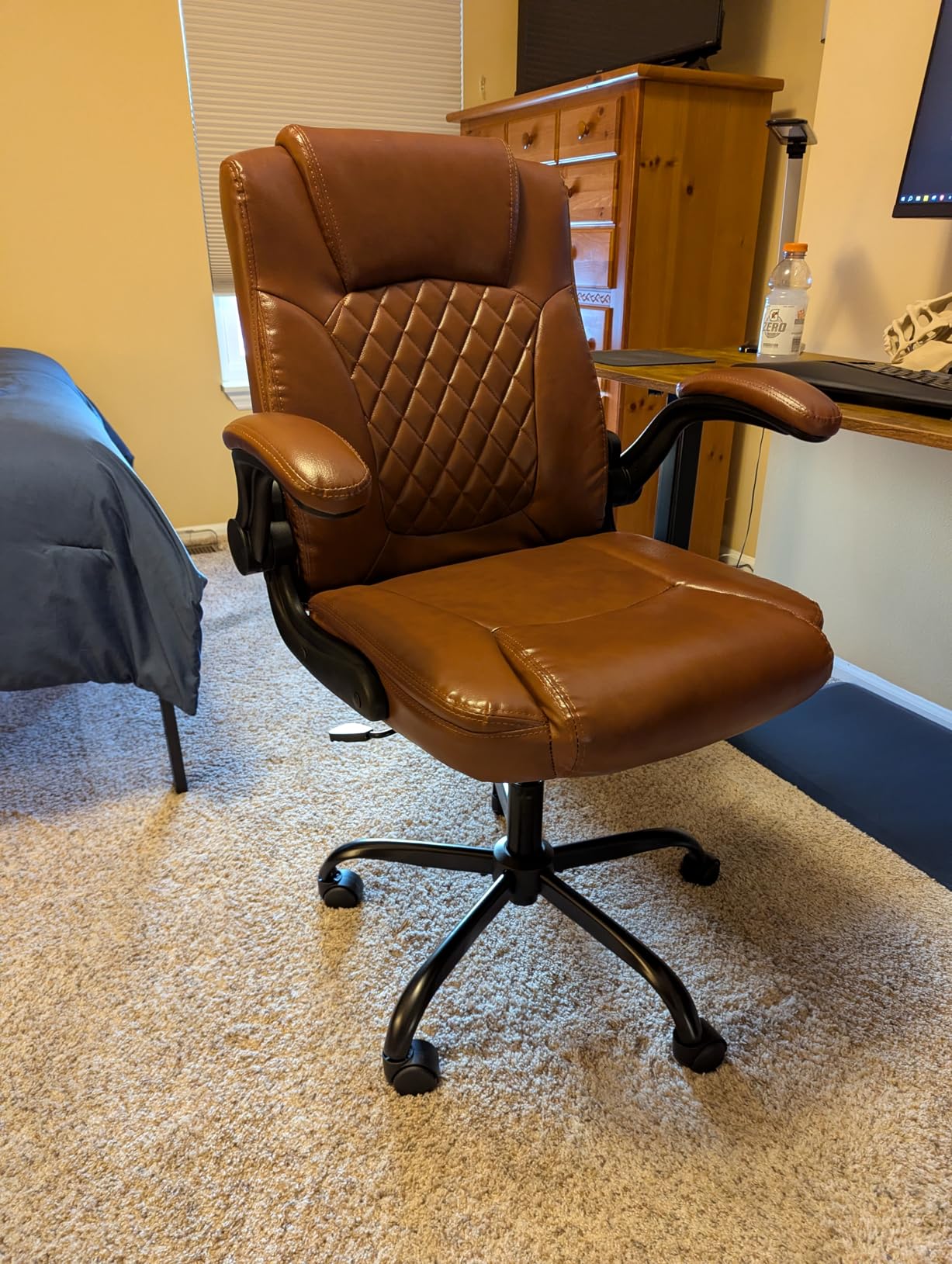 Leather Office Chair, PU Home Computer Desk Chairs with Ergonomic Back Support, 360°Swivel Free, Small Gaming Chair with Wheels and Adjustable Armrests, for Short People Use customer photo 2