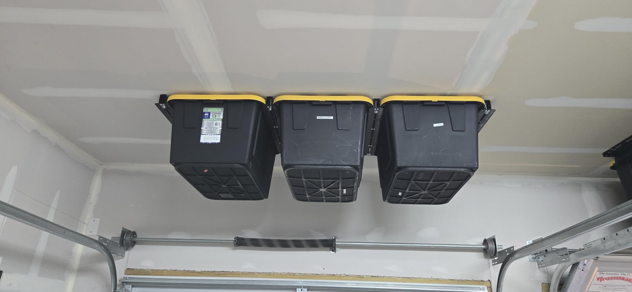 WALMANN Ceiling Tote Storage Rails, Heavy Duty Garage Ceiling Bin Storage Rack Adjustable Overhead Tote Slide Rail(4 Pack for 3 Bins, Bins Are Not Included) customer photo 1