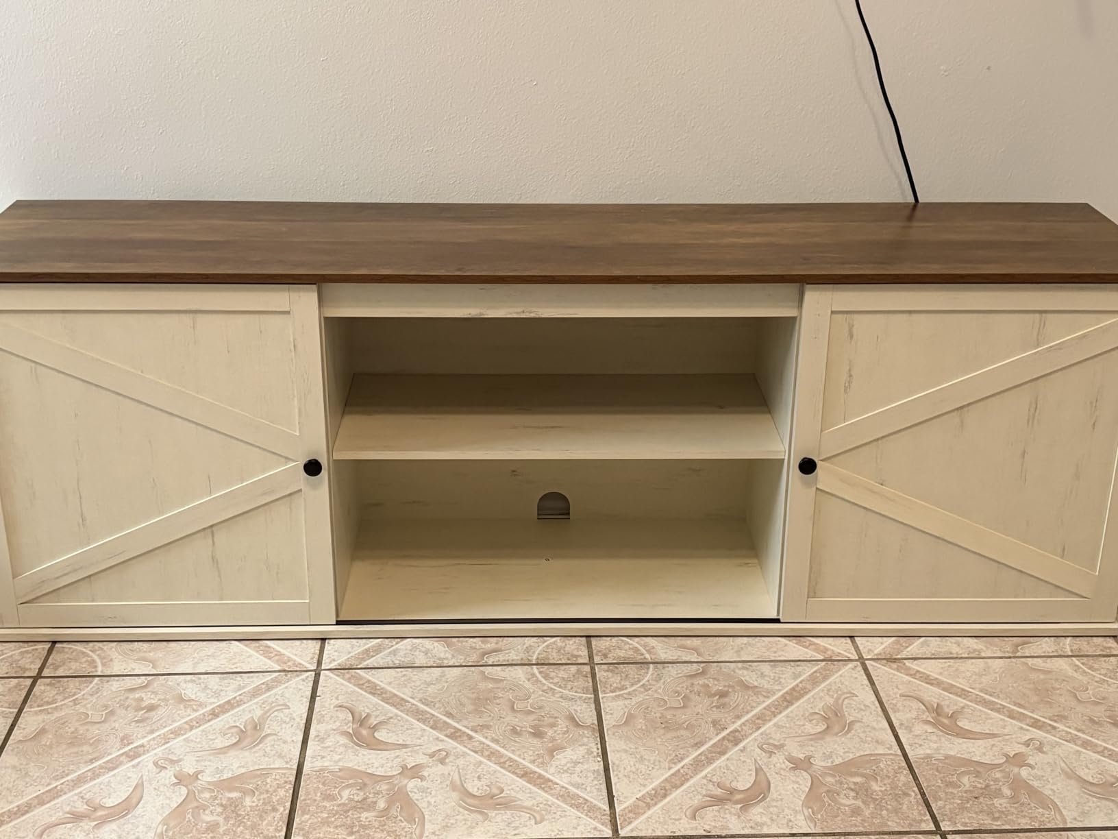 VASAGLE Farmhouse TV Stand for TVs up to 65 Inches, Entertainment Center with Storage Cabinets and Sliding Barn Doors, Media Console Table for Living Room, Rustic White and Honey Brown ULTV535W01 customer photo 2