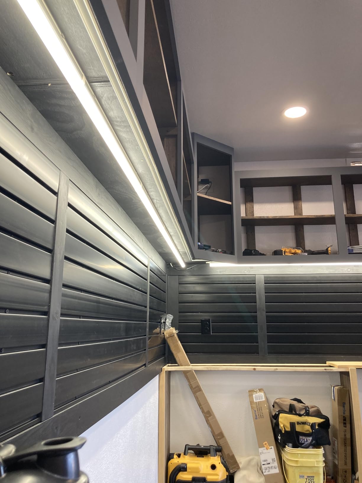 FRAYSCENT Slat Wall Paneling Garage Slat Wall Storage Systems Slatwall Panels Power Tool Organizer Wall Mount, PVC Garage Storage & Organization Products Slate Board (Black, 4ft x 8ft with 15 Hooks) customer photo 1