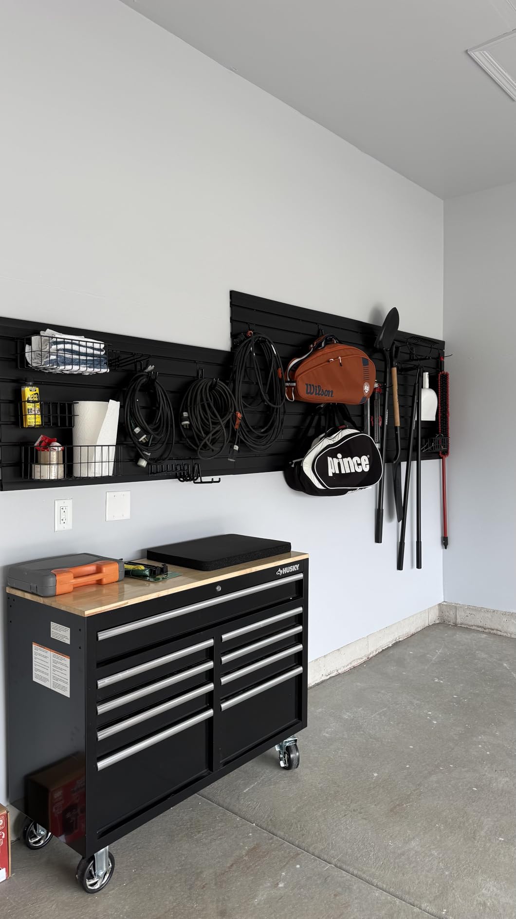 FRAYSCENT Slat Wall Paneling Garage Slat Wall Storage Systems Slatwall Panels Power Tool Organizer Wall Mount, PVC Garage Storage & Organization Products Slate Board (Black, 4ft x 8ft with 15 Hooks) customer photo 2