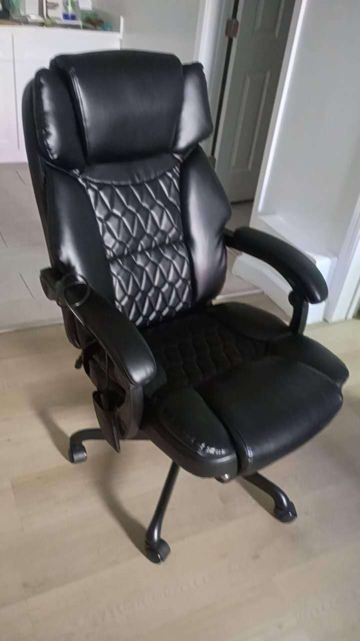 Massage Office Chair with Foot Rest 6 Points Vibration and Heat Home Office Desk Chairs for Heavy People 400lbs Reclining Managerial Chairs Ergonomic Executive Chair (Cream) customer photo 1