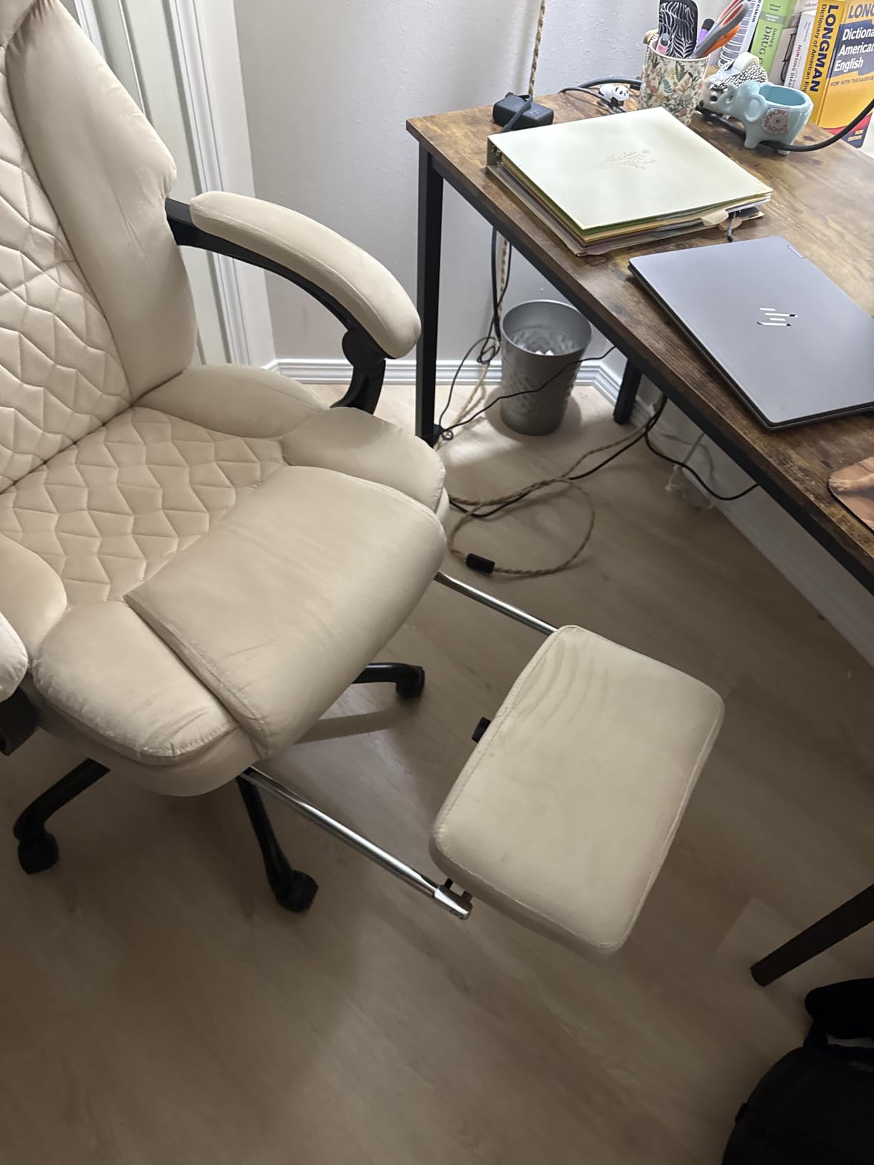Massage Office Chair with Foot Rest 6 Points Vibration and Heat Home Office Desk Chairs for Heavy People 400lbs Reclining Managerial Chairs Ergonomic Executive Chair (Cream) customer photo 2