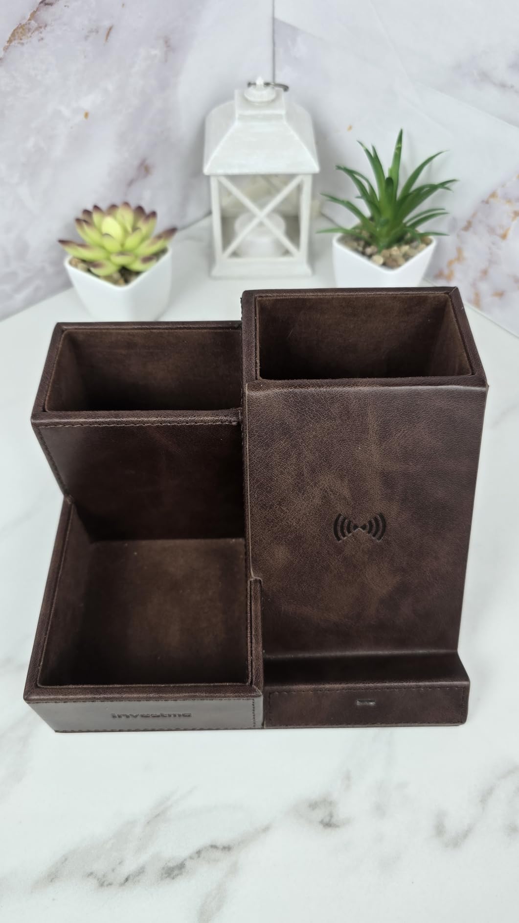 Wireless Charger with Desk Organizer, Pen Pencil Holder, Multifunctional Desktop Organizer, Office Supplies and Desk Accessories Organizer with 3 Compartments and 1 Phone Stand, PU Black customer photo 2