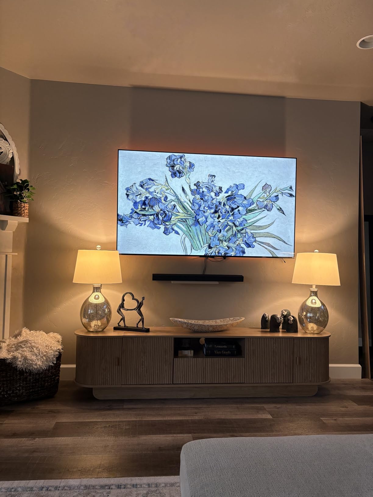 86.6'' Fluted TV Stand for 55-85 Inch, Natural Wood TV Console | Mid Century Modern Entertainment Center with Storage & Open Shelves, Media TV Consoles with Sliding Doors for Living Room customer photo 1