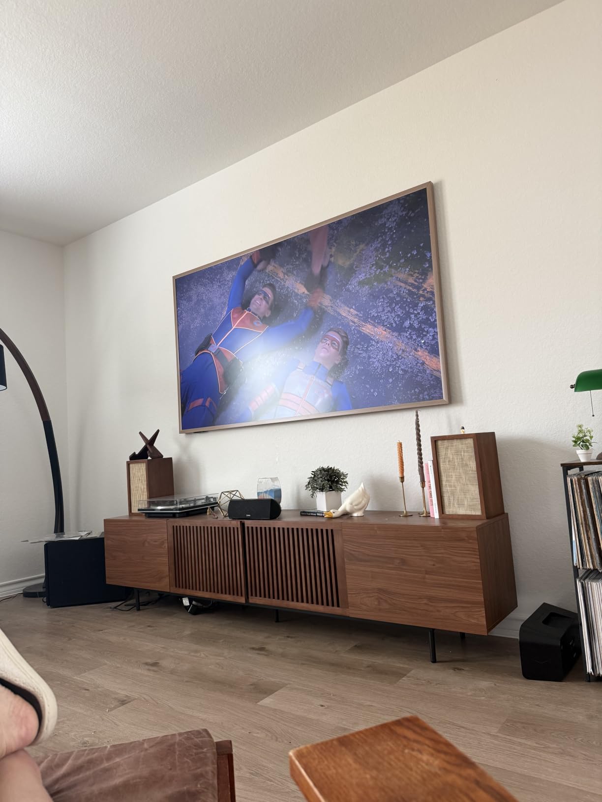 94.48 Inch Mid Century Modern TV Stand for Living Room, Walnut | Entertainment Center for 75+ Inch TVs, 4 Doors, Adjustable Shelf, Big Cable Hole, TV Console Cabinet with Storage, Bedroom customer photo 2