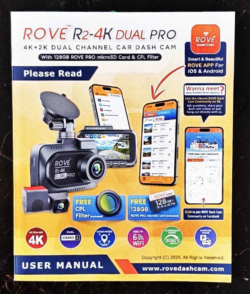 ROVE R2-4K Dual PRO Dash Cam Front and Rear, 4K+2K Dash Camera for Cars | Dual STARVIS 2 IMX678 + IMX675 Sensors, FREE 128GB Card + CPL, WiFi 6 - up to 30MB/s, Night Vision, 3