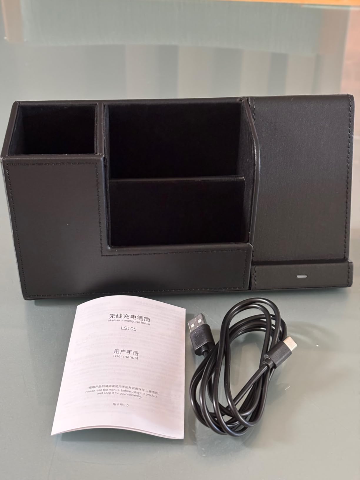 LADSTAG Pen Organizer with Phone Stand, Black Vegan Leather Desk Organizers with Remote Control Holder, Pencil Holder for Desk, Desk Organizer with Phone Charger for Office/Nightstand/Endtable customer photo 2