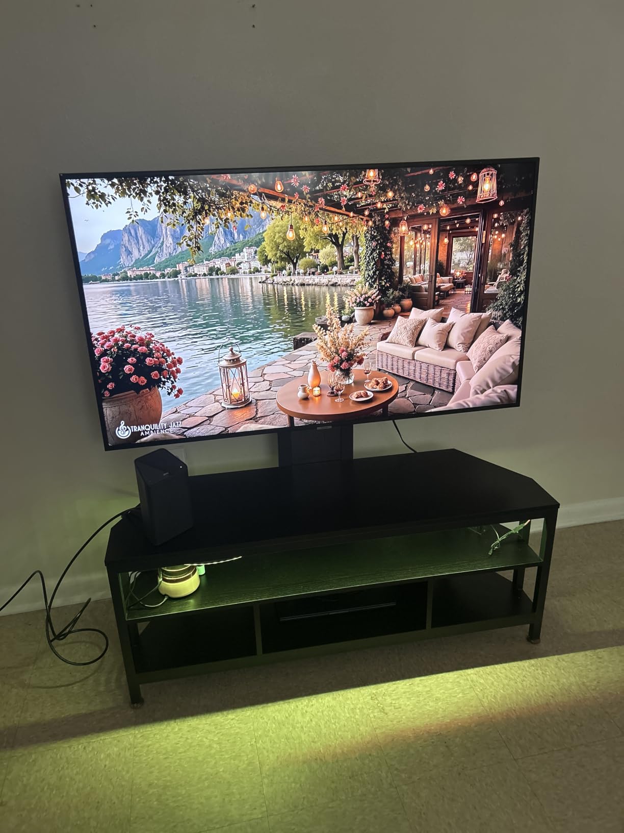 DWVO Farmhouse TV Stands with Mount & LED, Height Adjustable Console, Grey | Height Adjustable Mount, Led Lights, Power Outlet, Fits 60-70 Inch Tvs, Farmhouse Style, Easy Assembly customer photo 2