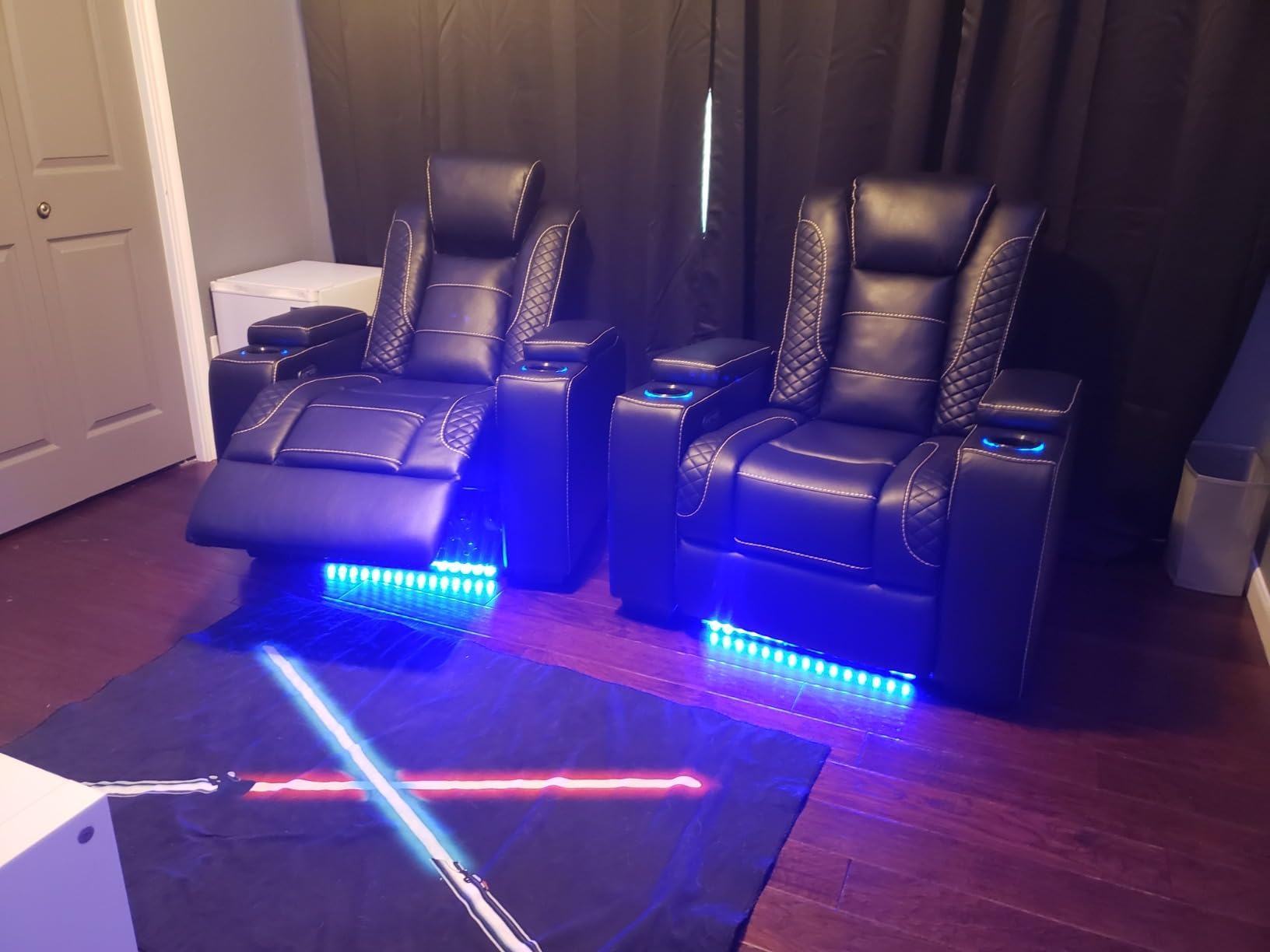 ANJ Power Home Theater Recliner Chair Set of 2, Electric Movie Theater Seating Reclining Chairs with Cup Holders for Living Room, Faux Leather with Blue LED, USB Ports, Hidden Arm Storage (Black) customer photo 1