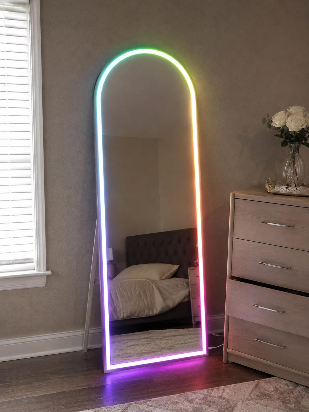 Hasipu Arch Full Length Mirror 71 x 24 in with Stand - Arch LED RGB Full Body Mirror, 7 Lighting Modes, Dimmable, Built-in Bluetooth Speaker, White Frame for Bedroom Dressing Room customer photo 1