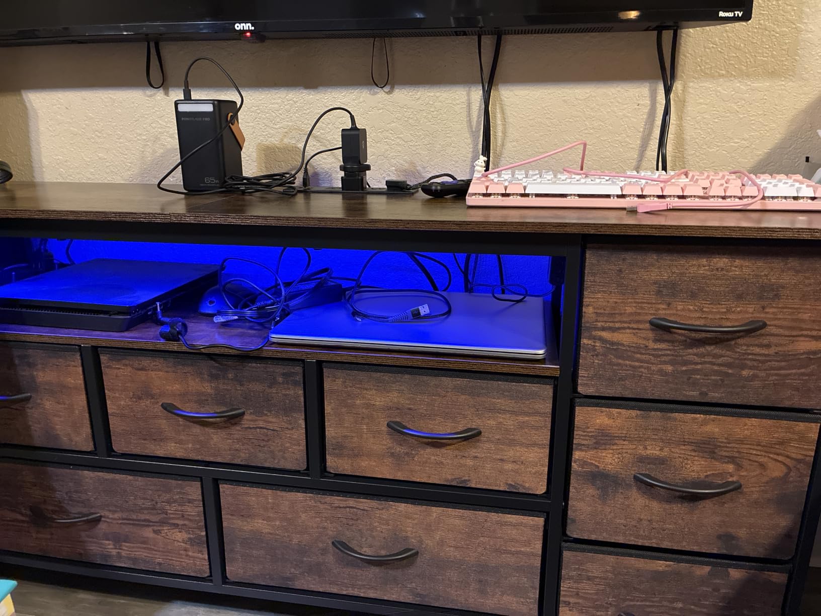 Huuger 70 Inch TV Stand for 75, 80 Inch TV, 11 Drawer Long Dresser with Power Outlets and LED Lights, Entertainment Center with Storage, Black Dresser with PU Leather Surface customer photo 2