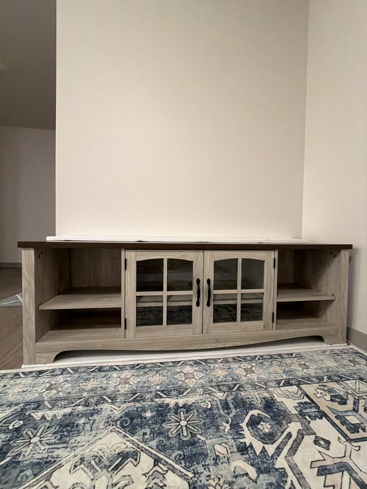LINSY HOME TV Stand for 75 Inch TV, Modern Farmhouse Entertainment Center with Storage Cabinets and Glass Doors, Tall Media Console Table for Living Room, Bedroom, Large Long Television Stand, Brown customer photo 1