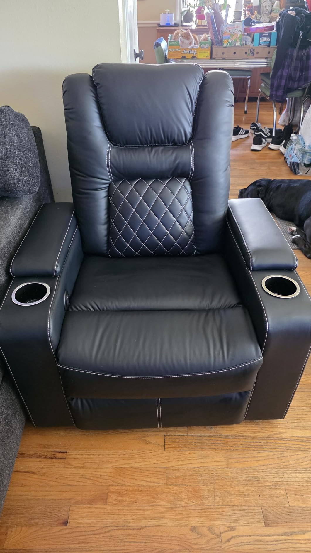 CANMOV Electric Power Recliner Chair Set of 4, Breathable Leather Home Theater Seating with Hidden Arm Storage, Power Recliner Chair for Living Room with USB Ports and Cup Holders, Black customer photo 1
