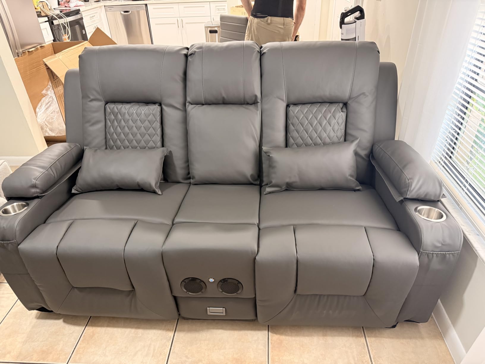 Recliner Sofa, Home Theater Seating with Center Console, 4 Seat Reclining Couch with USB Ports & Phone Holders, Wall Hugger RV Sofa Furniture Loveseat Recliner Couch with Storage & Pocket customer photo 2