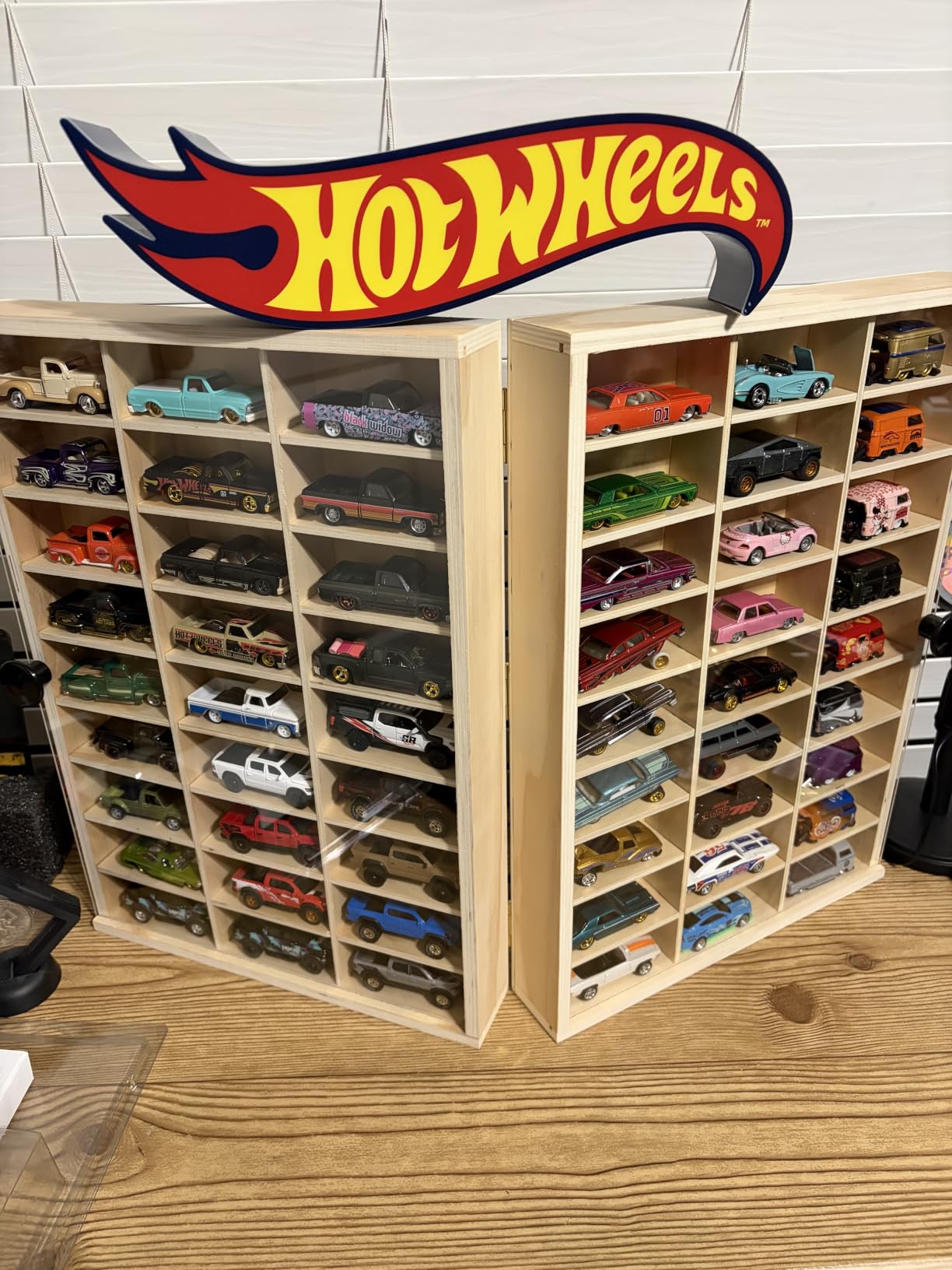 Model Car Display Case 24 x 17 in, Holds 54 Fits 1/64 Scale Toy car Storage Organizer, Wall-Mounted Toy Shelf Display Storage, Collapsible Wooden Box with 2 Acrylic Cover Plates (Only Box - Black) customer photo 1
