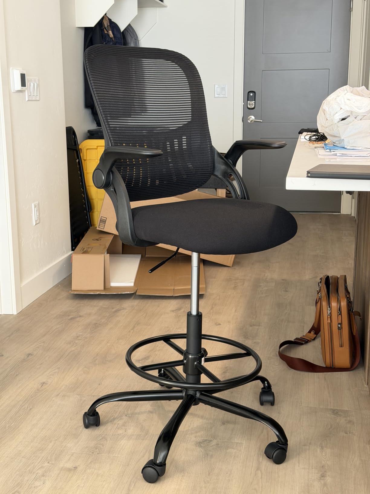 Sweetcrispy Tall Drafting Desk Chair - Ergonomic High Stool Computer with Adjustable Height and Comfy Lumbar Support, Office Rolling Counter with Flip-up Arm and Footrest, Black customer photo 2