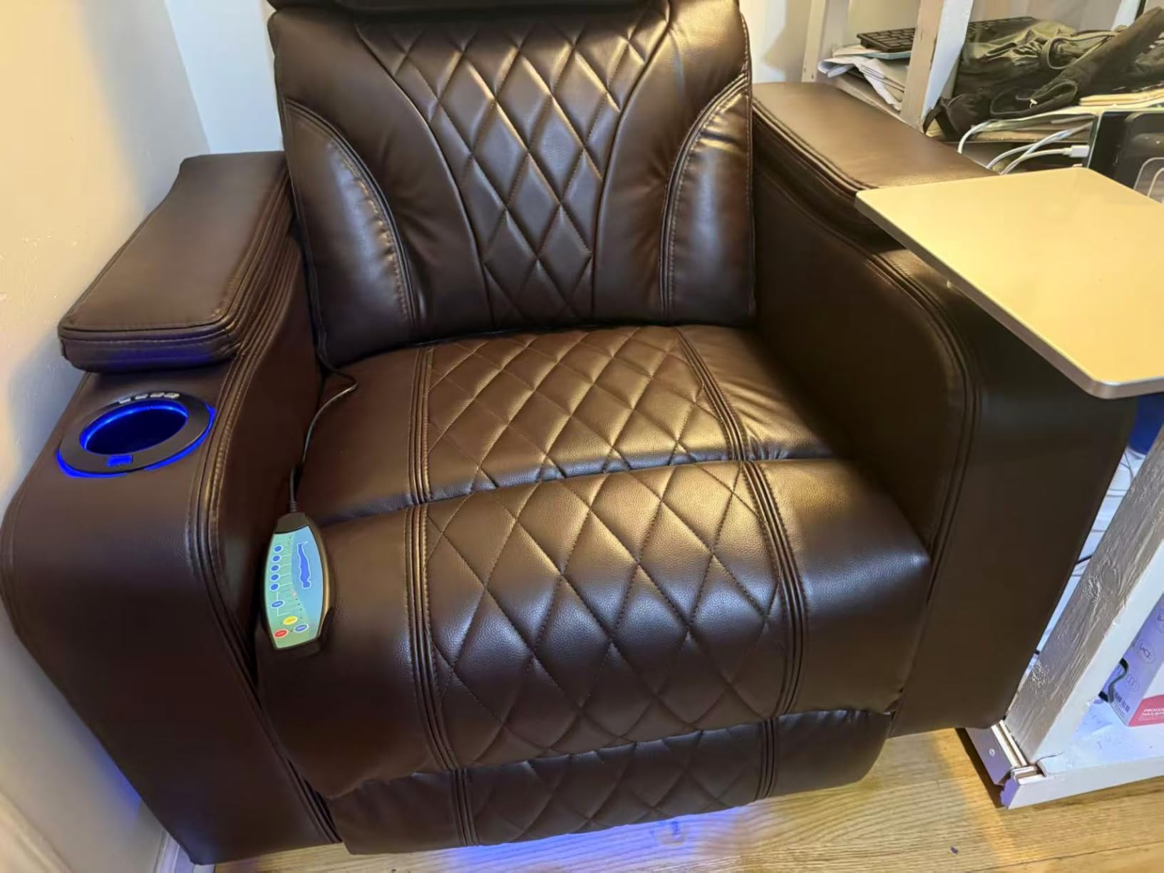 Power Recliner Home Theater Seating with Cooling Cup Holder and Massage Heating, Blue Color Ambient Lighting Recliner Chair, Movie Sofa with Tray Table, USB Charging & Manual Headrest, Brown customer photo 1