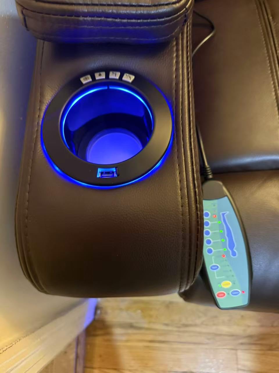 Power Recliner Home Theater Seating with Cooling Cup Holder and Massage Heating, Blue Color Ambient Lighting Recliner Chair, Movie Sofa with Tray Table, USB Charging & Manual Headrest, Brown customer photo 2