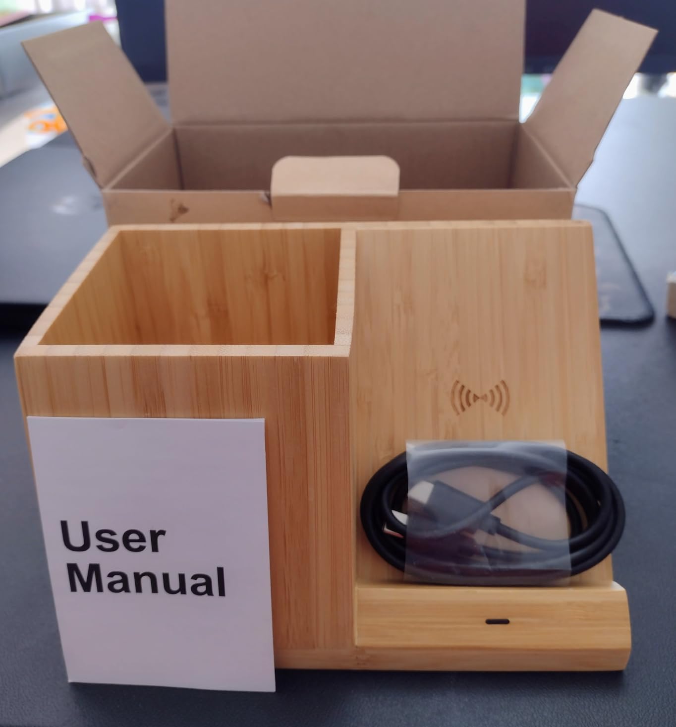 Bamboo Pen Holder for Desk with Wireless Charger, Desktop Organizer | Pencil Holder, Fast Wireless Charging Stand for iPhone, Samsung & More, Multifunctional Pen Organizer for Office, Home customer photo 2