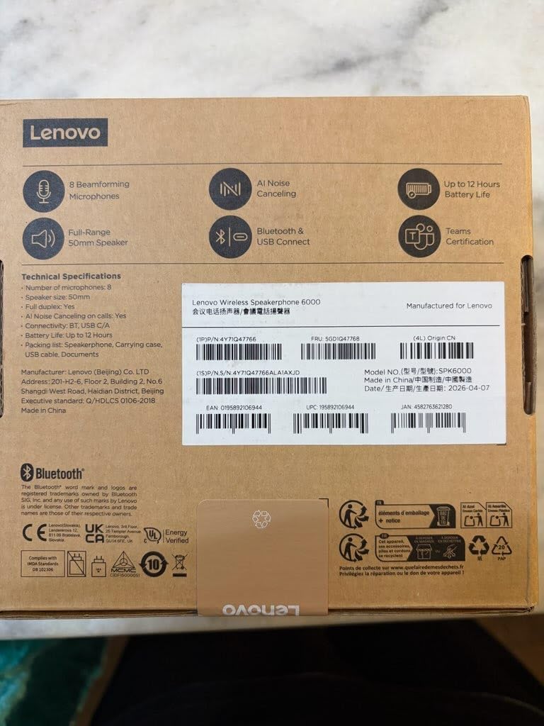 Lenovo Speakerphone, Conference Speaker, Wireless Speakerphone, Teams Certified Bluetooth Conference Call Device, AI Noise Cancellation Office Meeting Speaker, Hybrid Work customer photo 1
