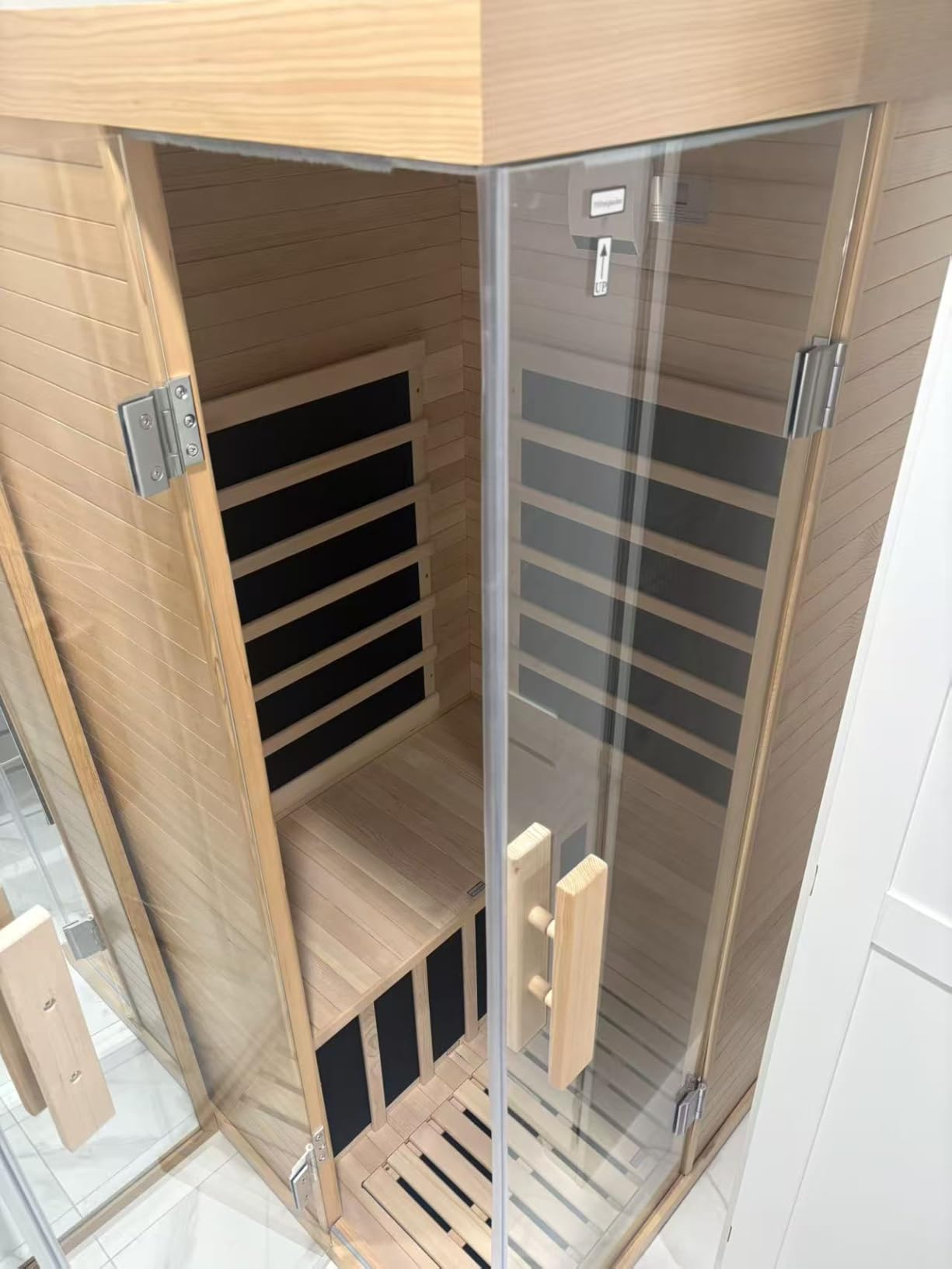 Infdoor Wood Infrared Sauna for Home, 1 Person Infrared Sauna with Red Light, Chromotherapy Light, Hemlock, Low EMF Far Infrared, Bluetooth Speakers, 33.4'' x 33.4'' x 70'' customer photo 1