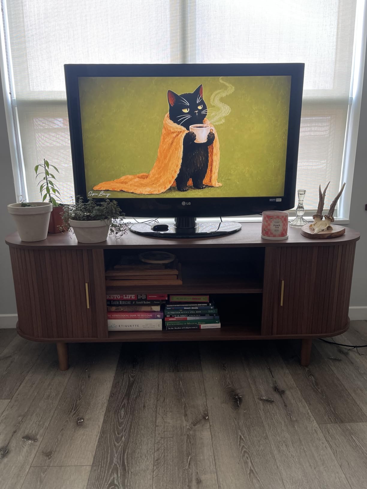 VASAGLE 70 Inch TV Stand, Mid Century Entertainment Center with Storage | Media Console Table for Living Room, TV table with Fluted Sliding Doors for 80'' TV, Walnut, MIRIANA Collection ULTV634K101 customer photo 1