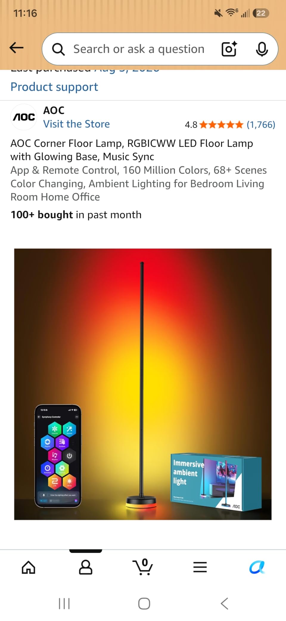 AOC Corner Floor Lamp, RGBICWW LED Floor Lamp with Glowing Base, Music Sync | App & Remote Control, 160 Million Colors, 68+ Scenes Color Changing, Ambient Lighting for Bedroom Living Room Home Office customer photo 1
