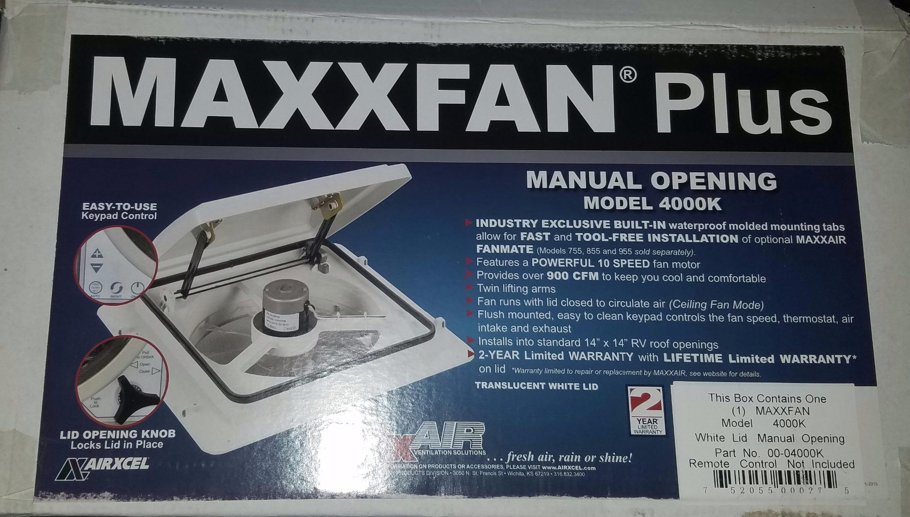 MAXXAIR Maxxfan Plus High Powered 10-Speed RV Intake and Exhaust Fan - Manual or Remote Control Electric Opening, Easy Ceiling Controls, Automatic Lid Closure, White (00-04000K) customer photo 2