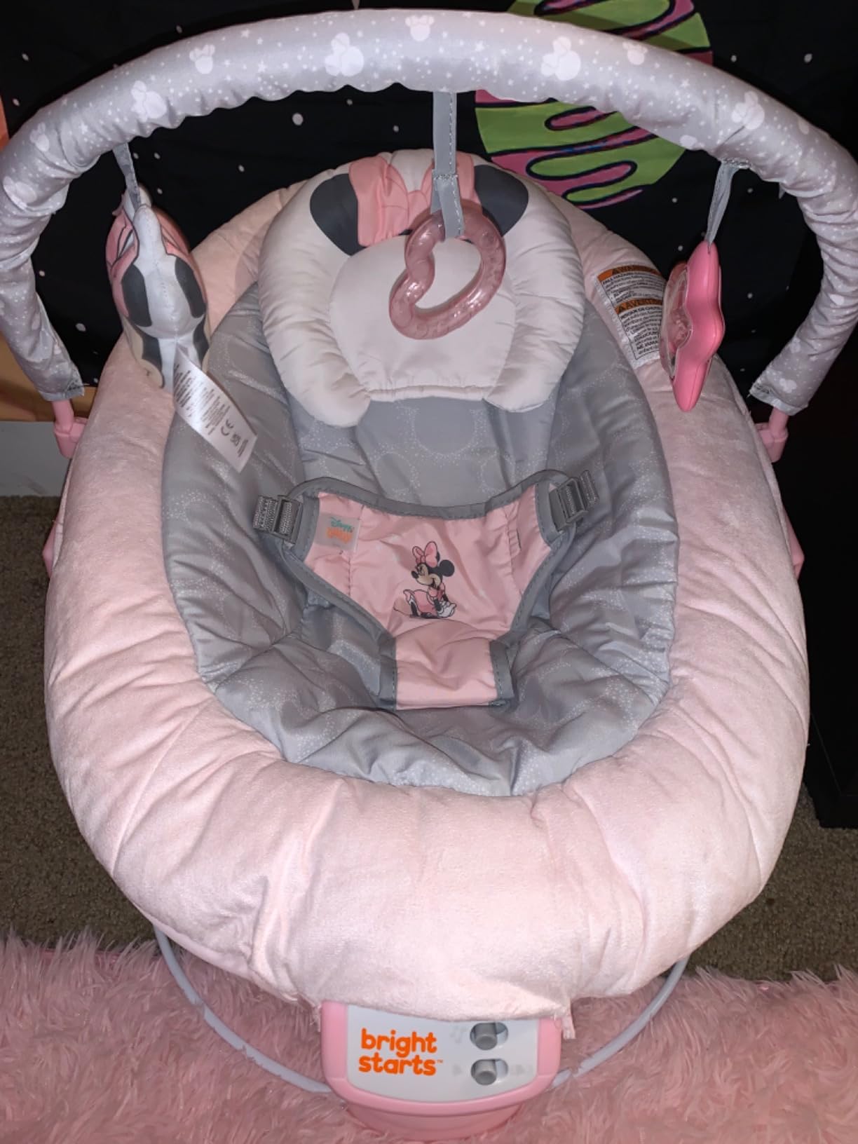 Bright Starts Disney Baby Winnie The Pooh Baby Bouncer Soothing Vibrations Deluxe Infant Seat - Faux Suede, Music, Removable -Toy Bar, 0-6 Months 6-20 lbs (Dots & Hunny Pots) customer photo 1
