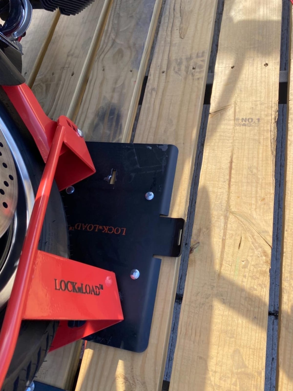 Lock N Load BK1000 Deluxe Motorcycle Wheel Chock with Quick-Release Ratchet & D-Ring System (Orange/Black) customer photo 1