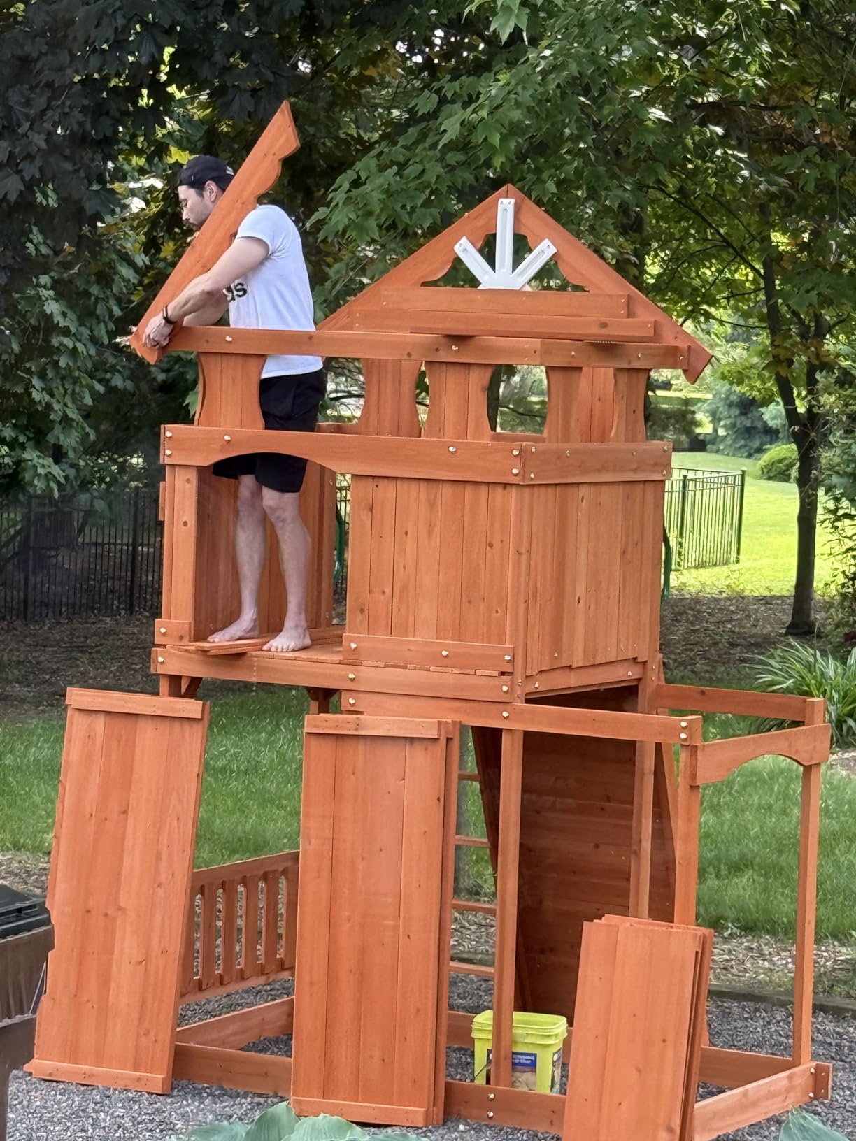 Backyard Discovery Shenandoah Cedar Wood Swing Set with Wave Slide, Raised Clubhouse, Playhouse, Play Kitchen, Belt Swings, Trapeze, Rock Wall, Ladder, Picnic Table, Full Door, Outdoor Playset customer photo 2