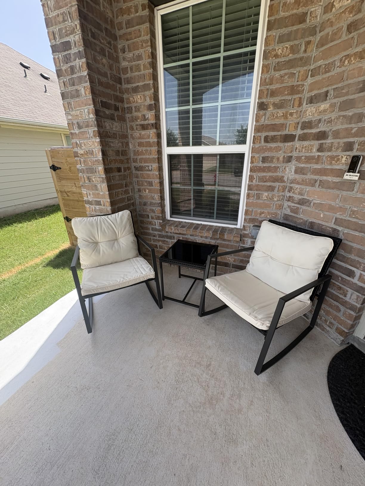 SUNCROWN 3 Piece Outdoor Rocking Bistro Set Brown Wicker Furniture Porch Chairs Conversation Sets with Glass Coffee Table, Beige customer photo 2