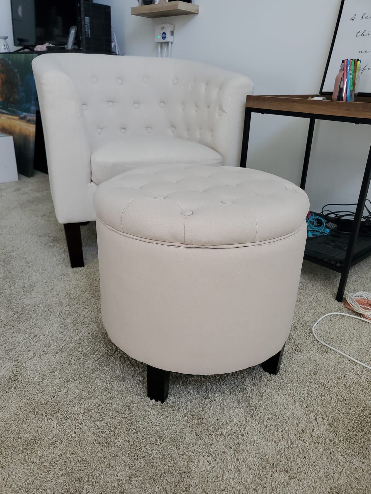 BELLEZE Modern Button Tufted Accent Storage Ottoman, Small Upholstered Circle Pouf Footstool with Lift Top, for Bedroom, Living Room or Vanity, 17-3/4