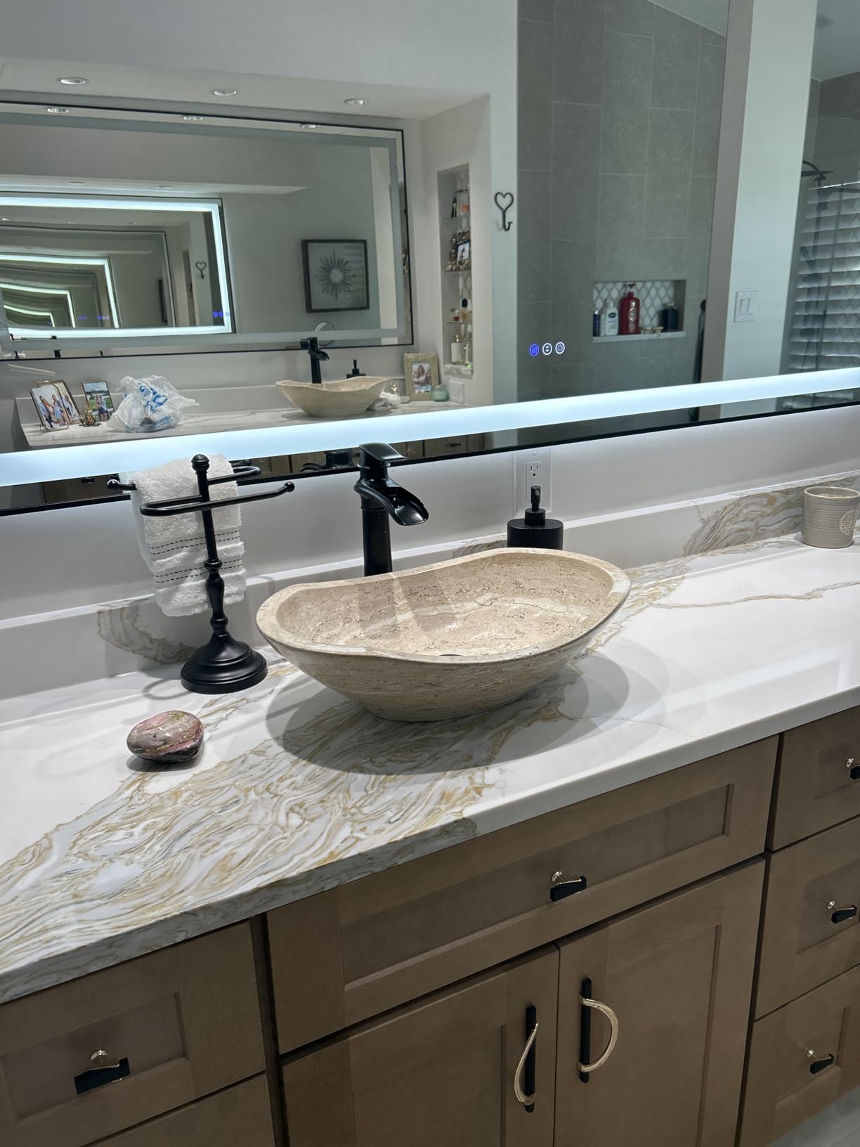 Oval Travertine Vessel Sink – Natural Stone Wash Basin, Hand-Carved Bathroom Sink with Chiseled Exterior & Polished Interior, Above Counter Vanity Basin (Includes Matching Soap Tray) customer photo 2